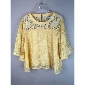 Pinky Women's Floral Lace Blouse Top 3/4 Sleeve Yellow Size Large VTG Cottage‎